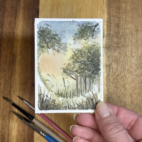 ACEO original, landscape, Abstract, Treeline, Sunset, Circle, Lark Watercolor