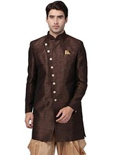 VASTRAMAY Men's Beige Silk Blend Sherwani Only Top