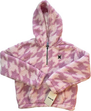NWT Hurley Girls Pink Houndstooth Sherpa Fleece Quarter Zip Hoodie Medium