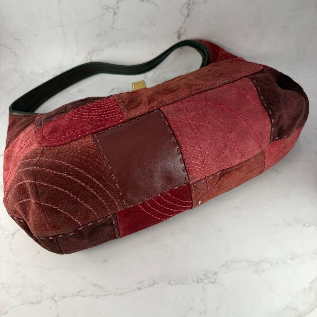 COACH Patchwork Suede Hobo Shoulder Bag Handbag Red Turn Lock