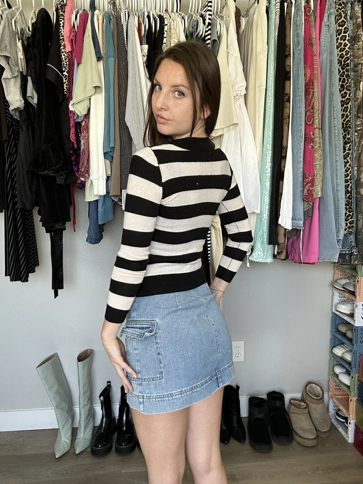 Vintage Esprit Black White Sweater Women Small V-Neck Long Sleeve Y2K Retro - Image 2 of 4