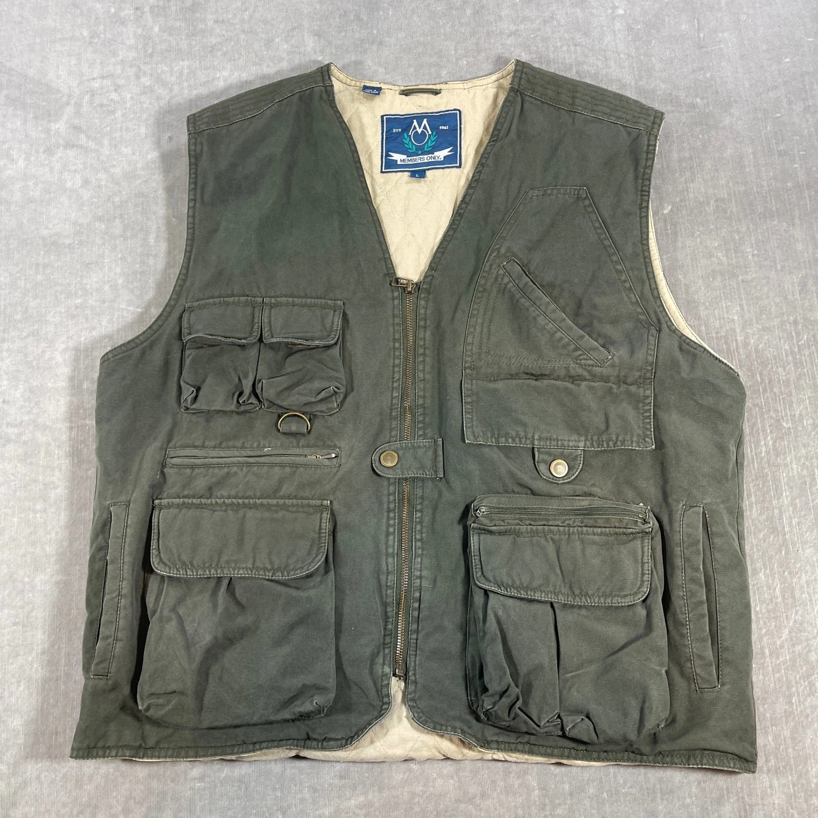 Members Only Mens Large Olive Green Utility Pockets Quilted Lining Vest