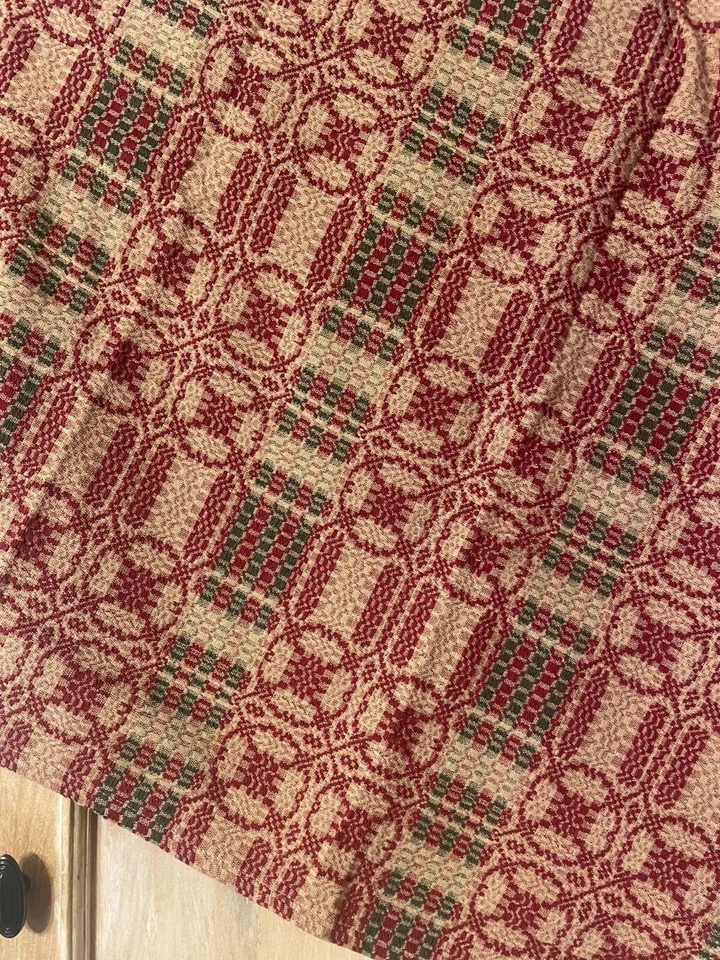 Primitive Woven CRANBERRY RED GREEN TABLE SQUARE Coverlet Tablecloth 34" - Image 2 of 2