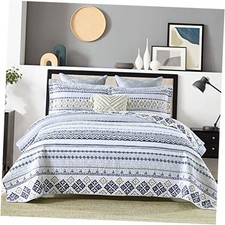 Boho Quilt Sets, 100 Cotton, White Navy Striped, Queen 90"x98" White/Navy