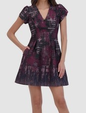 Vince Camuto Women's Pink Jacquard Fit & Flare Puff-Sleeve Dress Size 14