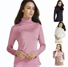 Women's 100% Silk Knit Thermal Top Shirt Turtle Neck Long Sleeves Top S TO 3XL
