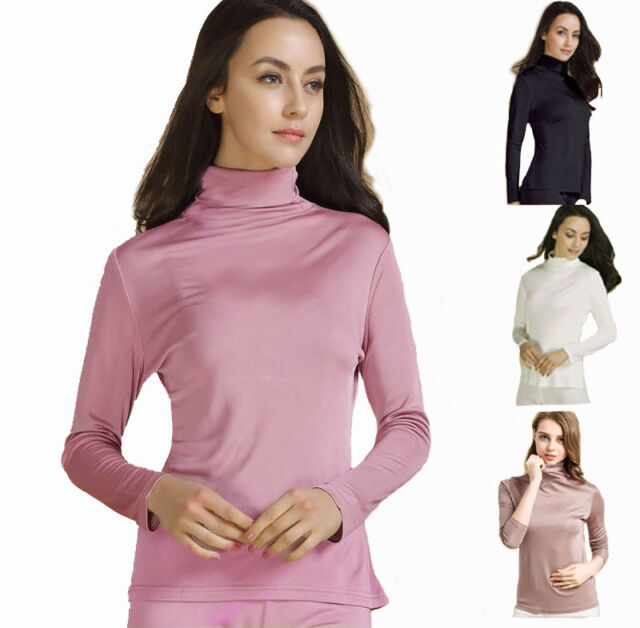 Women's 100% Silk Knit Thermal Top Shirt Turtle Neck Long Sleeves Top S ...