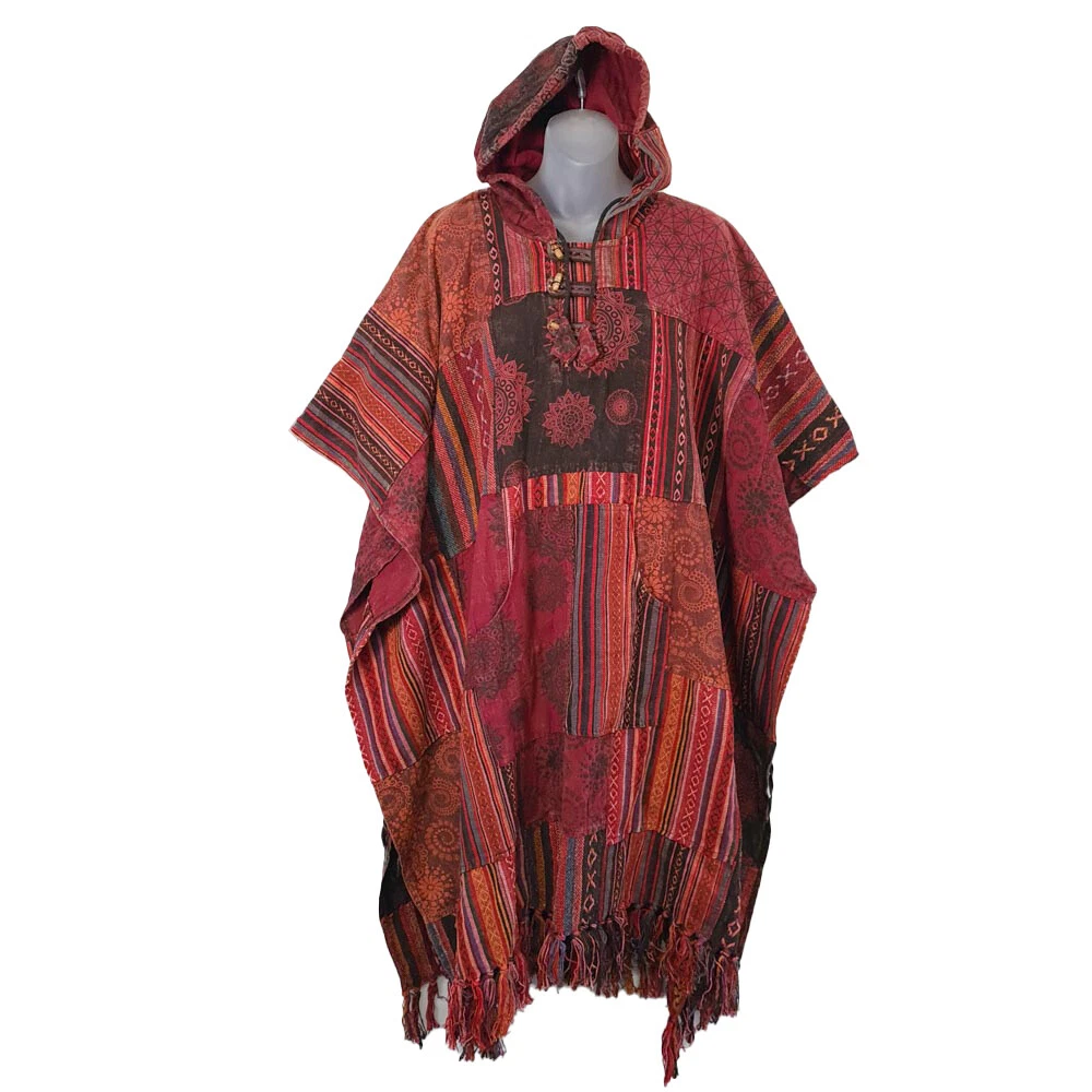Red Poncho Patchwork Unisex Boho Baja Festival Hippie Hood Surf Mexican Outdoor