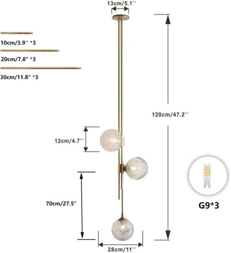 NEW 47" Gold Modern Glass Globe LED Ceiling Pendant Warm 3-Light Fixture - Picture 3 of 6