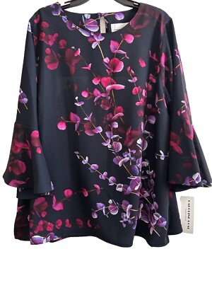 Caroline Rose Julia Floral Crepe Tunic Top Ruffle Sleeve Navy Fuchsia Sz XL NWT 