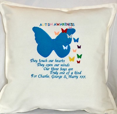 Autism Aware Blue applique Rainbow Butterfly Cream Personalised keepsake Cushion