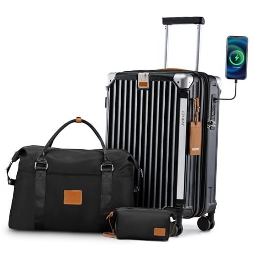 20in Black Carry-On Luggage with USB Port and Cup Holder-image