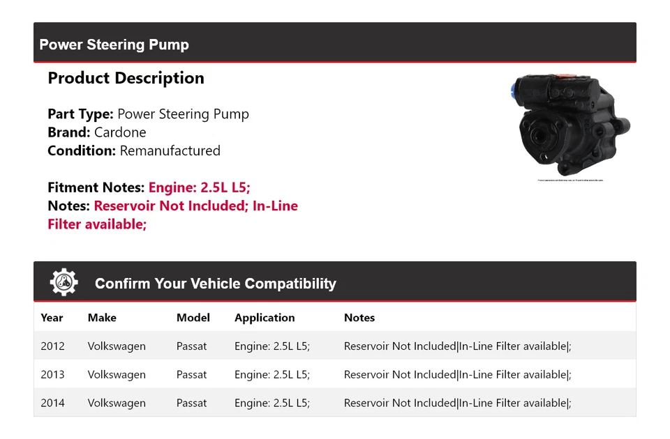 Bomba de dirección asistida Cardone 2013 para Volkswagen Passat 2012-2014 2,5 L L5 Foto 2 de 4