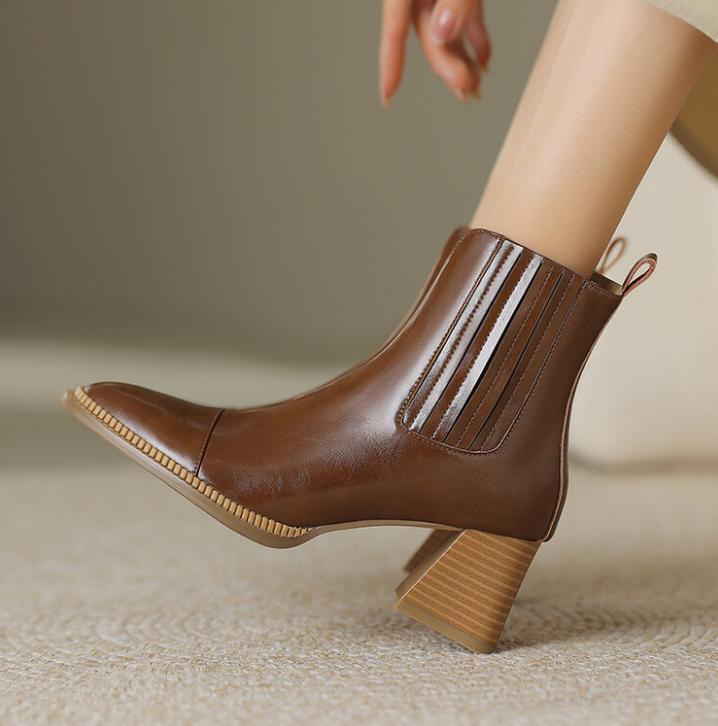 Womens Pointed Toe Block Heel Ankle Boots Side Zip High Top