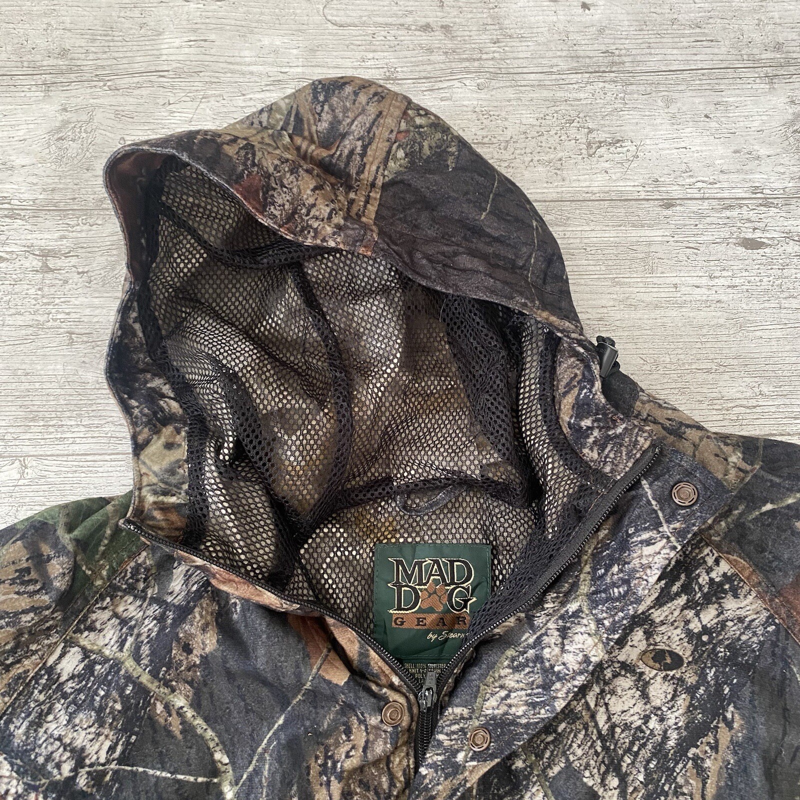 Vintage Mossy Oak Active style jacket Hooded Camo Hunting Mad dog Gear