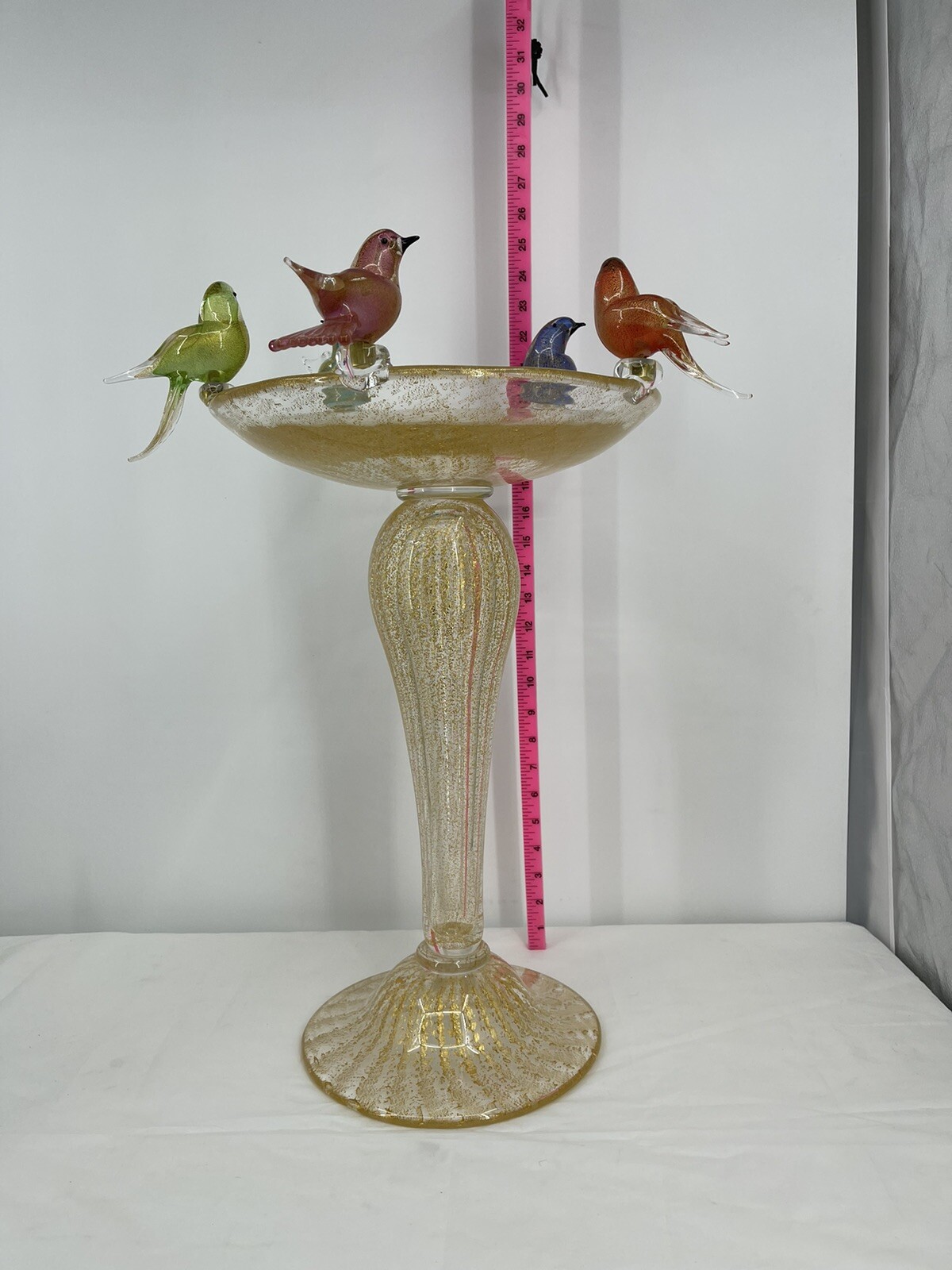 Murano Art Hand Blown Glass Bird Bath (5) Birds Gold Flakes Authentic