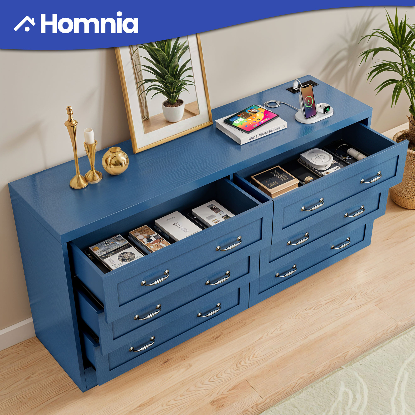Blue 6-Drawer Dresser with USB Charging for Bedroom Storage
