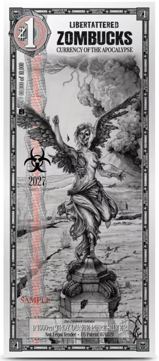 ZOMBUCKS LIBERTATTERED - Silverback 1/1000 OZ .999 Silver Note