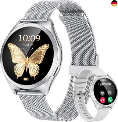 Silber Smartwatch Damen Armbanduhr Rund: Smart Watch Damen Metallarmband