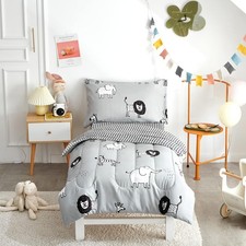 4 Piece Gray Grey Toddler Bedding Set with Multi Animals Printed for Baby Boys -