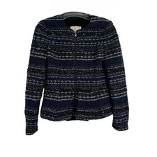 Rebecca Taylor Metallic Tweed Jacket Size 2 Stripes Peplum Blue Black Zip Up