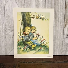 Vintage NOS - 70s Little Boy and Girl Accordion Nature Scene 5”x4” Litho Print