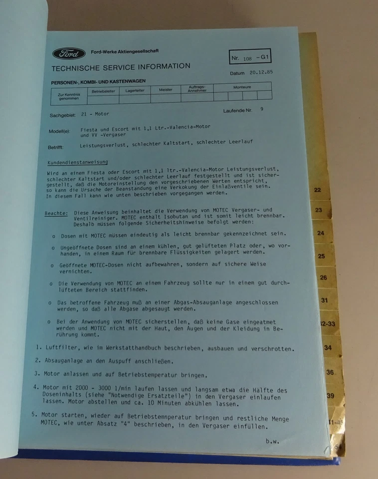 Información De Servicio Técnico Ford Fiesta, Escort, Sierra, SCORPIO 1983-1987 - Imagen 3 de 4