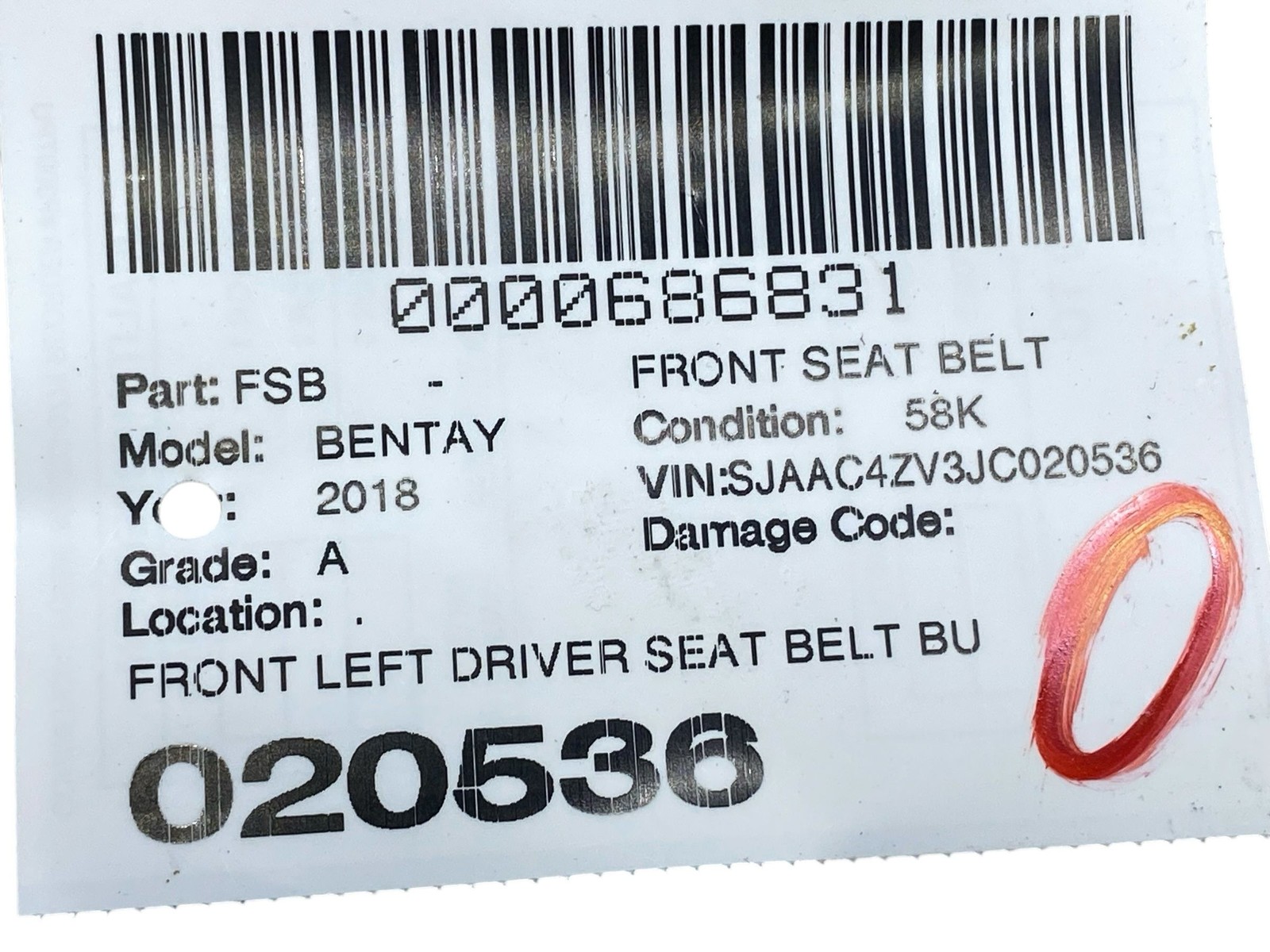 2016-2020 BENTLEY BENTAYGA FRONT LEFT DRIVER SEAT BELT BUCKLE