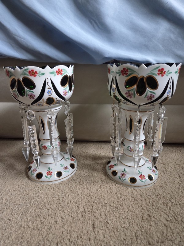 Victorian Era Pair of Czech/ Crystal, Bohemian Mantle Luster Lamps White & Green