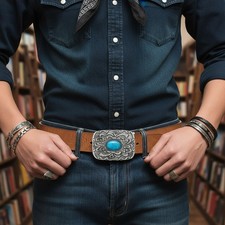 Men Antique Silver Metal Ethnic Belt Buckle Turquoise Filigree Coachella Style