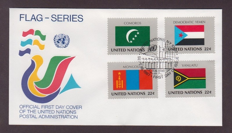 United Nations 1987 New York FDC Flag Series Comoros Dem. Yemen Mongolia Vanuatu