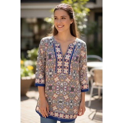 Talbots Geometric Printed 3/4 Sleeve Cotton Tunic Top Mandala Sz M boho cotton