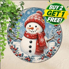 Snowman Holiday Winter Welcome Round Metal Sign Festive Christmas Decor