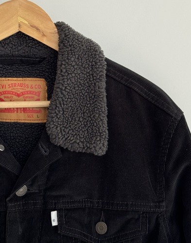 Levi’s Sherpa Trucker Jacket Vintage 90s Black Corduroy Grey Fur Large - Picture 5 of 14