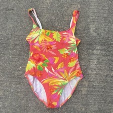 VTG Jantzen Swimsuit 80s 90s One Piece Sz 14 Floral Neon BRIGHT Underwire Pink