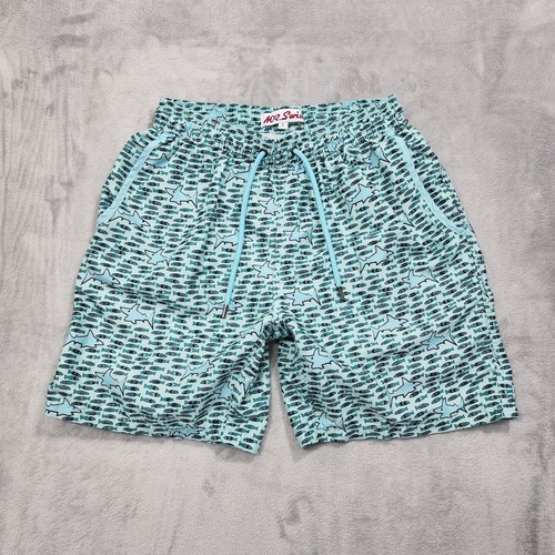 Mr. Swim Swim Trunks Mens S Blue Shark Fish Print Lined Drawstring Pockets Beach