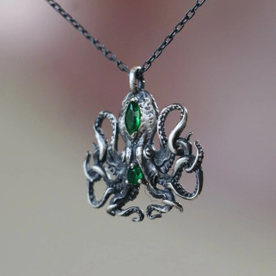 Oktopus Smaragd 925 oxidiertes Silber Halskette