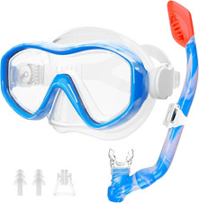 Kids Snorkel Mask Set for Ages 5-15, Tempered Glass Lens, Adjustable Fit, Dry