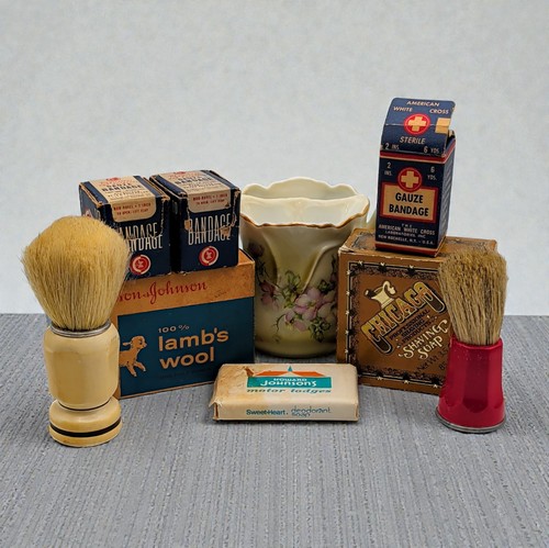 Vtg Shaving & First Aid Bathroom Lot Shaving Brush soap Lamb's Wool Gauze