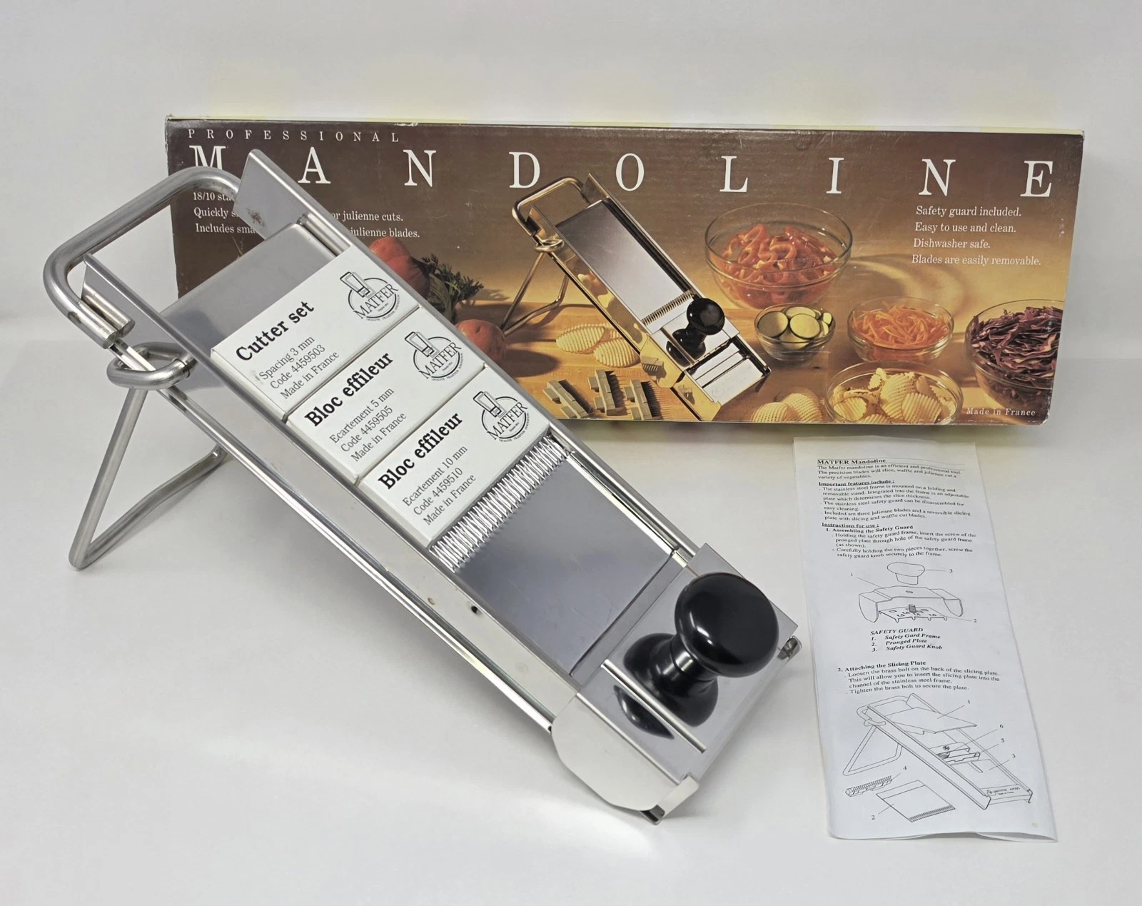 MAFTER Mandoline 44595 Stainless Steel w/ 3mm 5mm 10mm Blades & Pusher READ