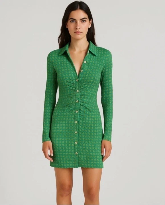 green button up dress with collar Sage Green Linen Button-Down Dress, Lapel Collar, Cap Sleeves