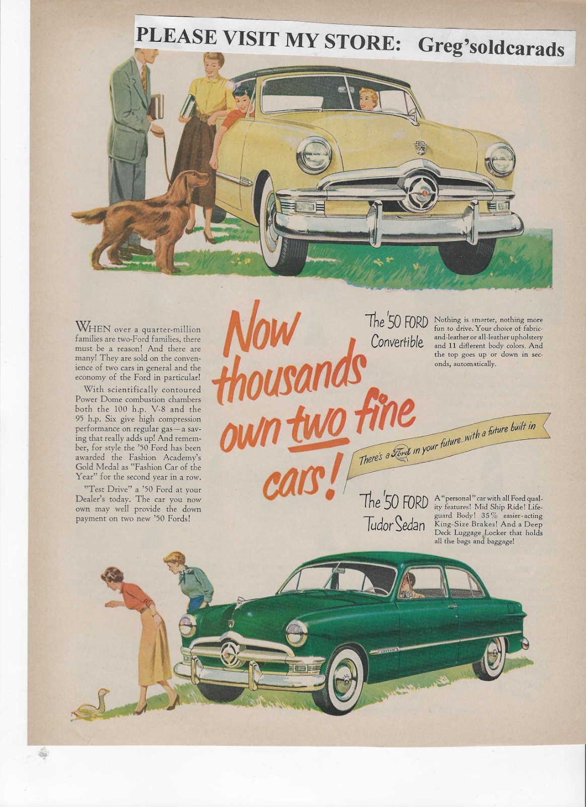 Original 1950 Ford Convertible and Tudor Sedan vintage print ad