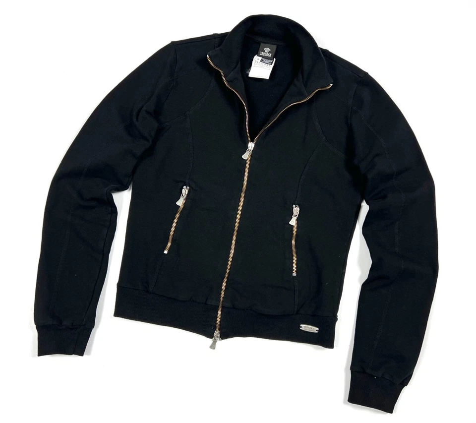 正品女式 VERSACE 牛仔裤黑色全拉链休闲棉夹克尺寸 S/M — 第 3/4 张图片