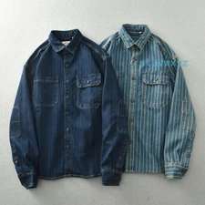 Vintage Washed Vertical Stripe Denim Shirt Men's Loose Cotton Long-sleeved Shirt