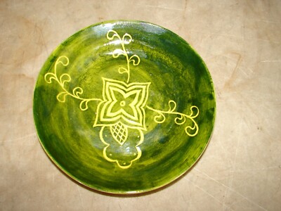 Redware Sgraffito Pottery Flower Plate Signed Christ Ehrig 1950