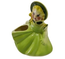 Vintage MCM Ceramic Hand Painted Planter Girl with Green Dress Trimmed Hat