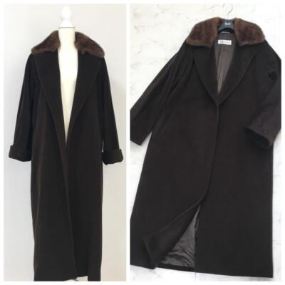 MaxMara Fur Long Coat Wool 90% Cashmere 10% US8 Brown From Japan