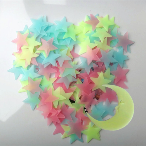 Multicolor 100 3D Wall Ceiling Glow In The Dark Moon Stars Kid Plastic Stickers - Zdjęcie 1 z 5