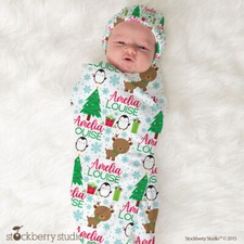 Christmas Baby Name Swaddle Blanket Personalized Girl Penguin Reindeer Newborn