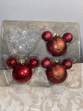 DISNEY PARK MICKEY EARS GLASS BALL CHRISTMAS ORNAMENTS SET OF 3 In Box
